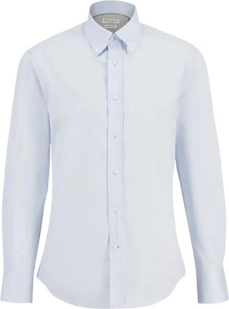 Brunello Cucinelli Cotton Twill Slim Shirt - Heren - Zakelijke Overhemden - Blauw - L - Katoen - Overhemden