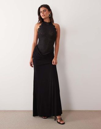 Asos abito lungo in pizzo con allacciatura al collo, collo alto e gonna drappeggiata nero
