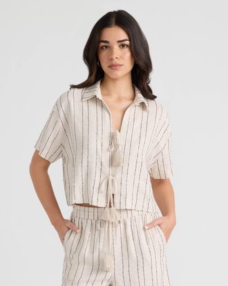 NVLT Womens Tie Front Sequins Camp Shirt