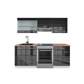 Vicco Mueble De Cocina R-line, Antracita Brillo Intenso/blanco, 200 Cm, Et Roble