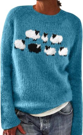 Generic Womens Fair Isle Retro Knitted Jumpers, Cute Sheep Printed Fairisle Sweaters Loose Fit Crewneck Long Sleeve Sweatshirts Ladies Winter Comfy Pullover T