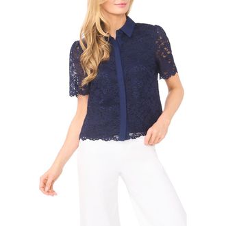 CeCe by Cynthia Steffe Floral Lace Short Sleeve Button-Up Shirt in Classic Navy at Nordstrom, Size X-Large