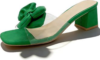 Generic Womens Bow Heels Sandals Clear Low Block Chunky Heel Mules Comfortable Square Toe Wedding Bride Dressy Shoes (Green,7.5)