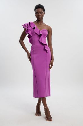 Karen Millen Womens Scuba Draped Ruffle Woven Midi Dress - Purple Polyamide - Size 12 UK