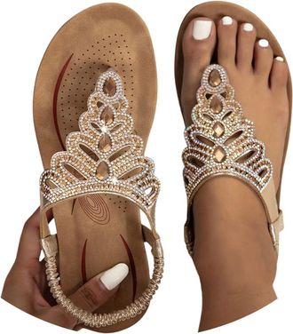 Generic Ladies Faux Leather Open Toe T-Bar Diamante Gem Stone Flat Summer Sandals Causal Lightweight Slip on Slides Platform Slippers Beach Holiday Essential 