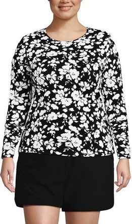 Lands End Crew Neck Long Sleeve Rash Guard UPF 50 Swim Tee in Black Blossom Floral at Nordstrom, Size 3X