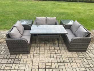 Fimous 6 Seater Outdoor Rattan Garden Furniture Set with Patio Love Sofa Rectangular Dining Table 2 Side Tables Dark Grey Mixed