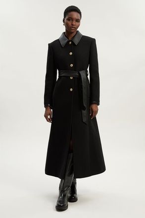 Karen Millen Wool Pu Mix Belted Tailored Maxi Coat in Black at Nordstrom, Size 4