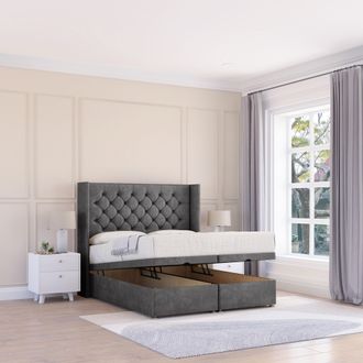 Sloomy Dior Plush Fabric Ottoman Bed End Opening With Sprung Memory Mattress & 54 Inch Floorstanding Headboard With Wings in Dark Grey | Size: Double
