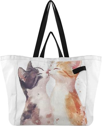 Generic Cats White pattern Reusable Canvas Tote Bag, Heavy Duty Grocery Shopping Bag with Hard Bottom Double Handles Large Capacity Work Groceries Travel