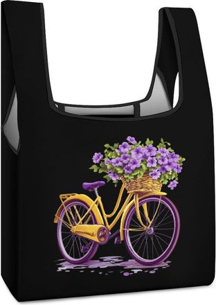 Generic Yellow Bicycle with Flower Shopping Bag Reusable Grocery Tote Bag Foldable Handbag for Travel Picnic