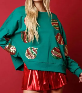 Peach Love California Christmas Ornament Sequin Sweater In Green