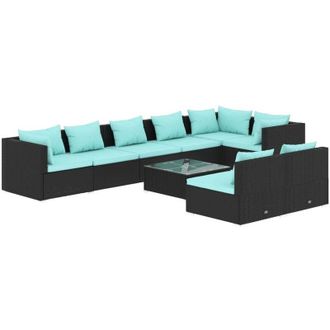 vidaXL Set De Muebles De Jard&iacute;n 9 Pzas Y Cojines Rat&aacute;n Sint&eacute;tico Negro Vidaxl