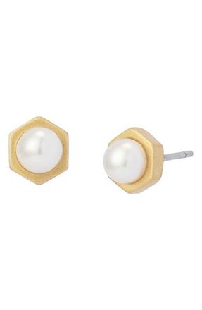 AllSaints Faux Pearl Stud Earrings in Pearl/Vintage Gold at Nordstrom