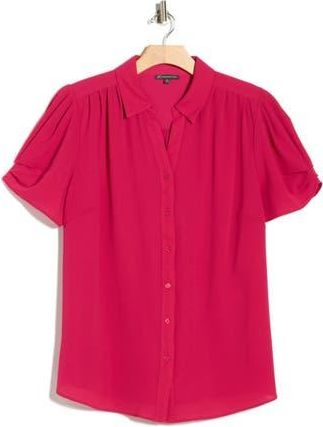 Adrianna Papell Gathered Short Sleeve Button-Up Shirt in Hot Pink at Nordstrom Rack, Size 3X