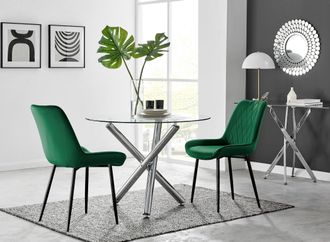Furniturebox Selina Round Glass Chrome Leg Dining Table & Pesaro Black Leg Chairs in Green | Size: 4 Person
