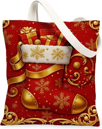Generic Christmas Snowflake Canvas Tote Bags, Holiday Design Reusable Grocery Bags, Vintage Lightweight Washable Shoulder Strap Can, Red, 13x15 Inch