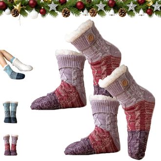 Generic Knitted Ultra-Thick Slipper Home Socks, Non Slip Warm Fluffy Lined Comfy Christmas Sock, Cute Christmas Socks (2 Pcs*Purple)