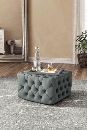 Living and Home 62cm W Grey Velvet Buttoned Tufted Square Footstool Coffee Table