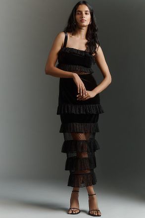 Avec Les Filles Sheer Panel Tiered Midi Dress