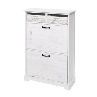 Hhg Hhg - Carro Zapatero 670, Armario Zapatero, Caj&oacute;n Cesta Aspecto Shabby Madera Maciza 100x60x24cm, Blanco