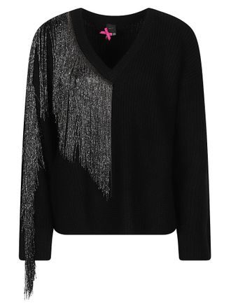 Pinko Captiva Cropped Black Asymmetrical Silver Fringe V-Neck Sweater