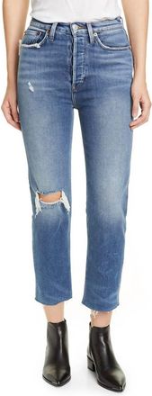 Re/Done 70s Ultra High Rise Stove Pipe Straight Leg Jeans In Vintage Indigo Distressed