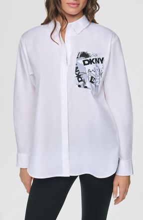 DKNY Print Pocket Poplin Shirt in White at Nordstrom, Size Xx-Small