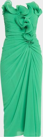 Badgley Mischka Strapless Pleated Georgette Midi Dress