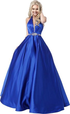 Sherri Hill Deep V-Neck Halter Gown In Royal