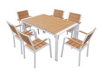 Vente-Unique Comedor de jard&iacute;n de aluminio: mesa L.150 cm y 6 sillones apilables - Natural claro y blanco - NYROS de MYLIA