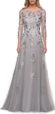 La Femme A Line Tulle and Lace Gown with Boat Neckline in Silver at Nordstrom, Size 10