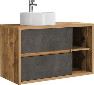 Vente-Unique Mueble de ba&ntilde;o suspendido con lavabo redondo - Color natural y antracita - 100 cm - TIKITIKI