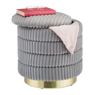 Relaxdays Relaxdays Taburete Tapizado, Otomana Pana Aterciopelada, Redondo, Base Metal, Con Almacenaje, 43,5x41 Cm, Gris/dorado
