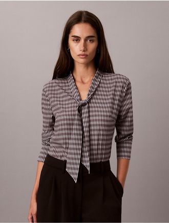 Calvin Klein Womens Printed Scarf Neck Long Sleeve Top - Grey - XL