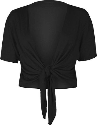 Crazy Girls GOSTYLES Womens Plain Tie-Up Front Cropped Bolero Shrug, Ladies Short Sleeve Lightweight Summer Cover-Up Crop Cardigan Blouse (Black, S-M)
