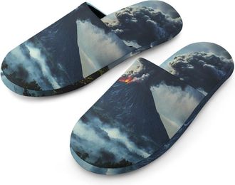 Generic Volcano-moutain Flannel Mens Slip-on Slippers Winter Warm House Shoes with Rubber Sole for Home Hotel
