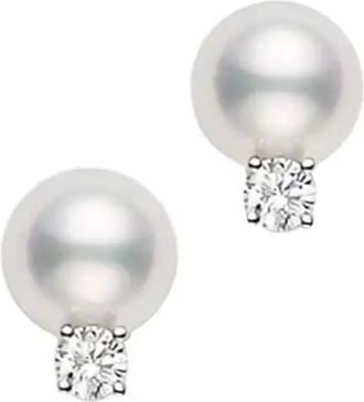 Mikimoto Akoya cultured pearl stud earrings; 7.5 x 8mm; with 0.10ct diamonds; set in 18K white gold. PES752DW
