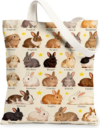 Generic Rabbit Print Canvas Tote Bags, Adorable Bunny Design Reusable Grocery Bags, Spring Lightweight Washable Shoulder Strap for, Beige, 13x15 Inch