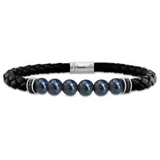 Amour 7.5-8mm Mens Black Cultured Freshwater Pearl Braided Black Leather Bracelet with Diamond Accents - 9 In