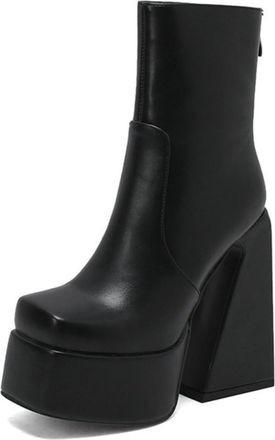 Generic Womens Square Toe Chunky Platform Elastic Ankle Boots with Thick Sole & High Heel for Autumn Winter,Black Matte,6.5 UK