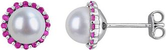 Rina Limor Silver 0.38 Ct. Tw. Ruby & 7-7.5 Mm Pearl Halo Stud Halo Stud