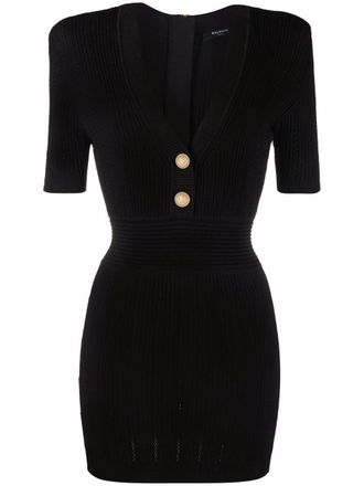 Balmain ribbed-knit short-sleeve dress - women - Polyamide/Viscose - 40 - Black