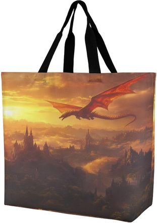 Generic Castle Dragon Sunset Tote Bag Reusable Grocery Shopping Bags Large Travel One Shoulder Handbag for Picnic Work