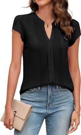 Blooming Jelly Womens Blouses Dressy Causal V Neck Pintuck Short Petal Sleeve Business Tops Ladies Summer Trendy Work Shirt, Black, L