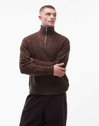 Tommy Hilfiger Maglione marrone a coste inglesi con zip corta