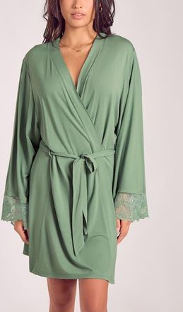 iCollection Lace-Trimmed Modal Robe with Adjustable Ties in Green at Nordstrom, Size X-Large
