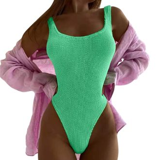 Generic Ruched Tummy-Control Swimsuit Beach Swimwear Neon Yellow Bikini Tummy High Waisted Bathing Suit Wrap Tie Back Monokini Swimwear 1 Piece Swimsuit Sexy 