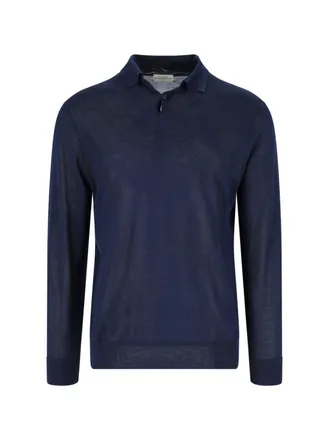 Ballantyne Blue Silk-Cashmere Ribbed Polo Sweater