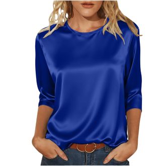 Generic Satin Tops for Women Elegant Going Out Tops Crew Neck 3/4 Sleeve Silk Blouse Ladies Tshirts Shiny Baggy Fashion Tunic Top Casaul Loose Party Business 